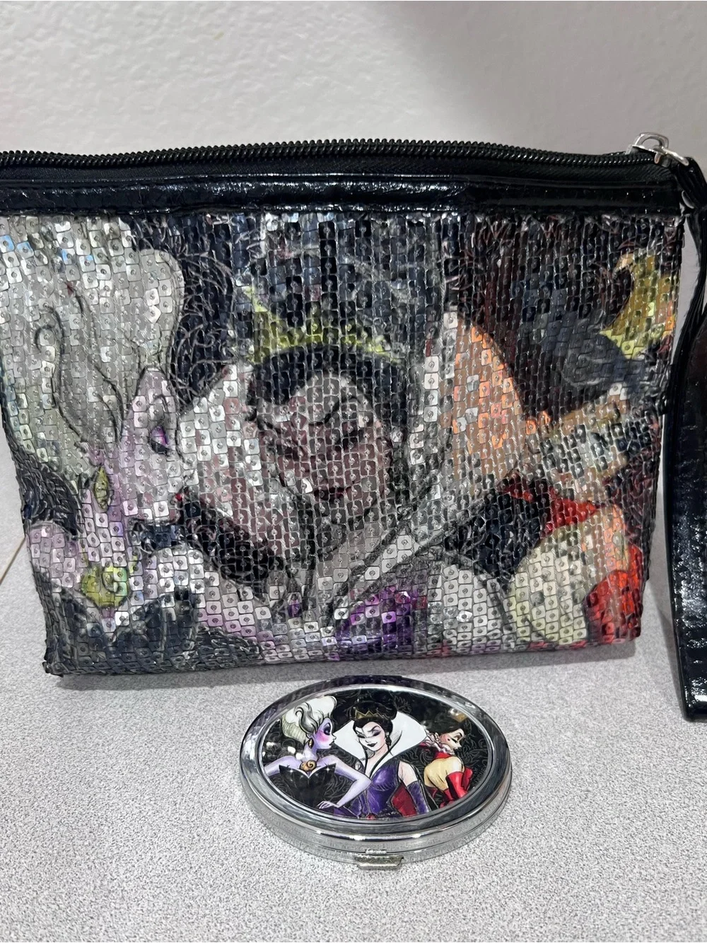 Disney Villains Sequin Cosmetic Bag & Compact Mirror